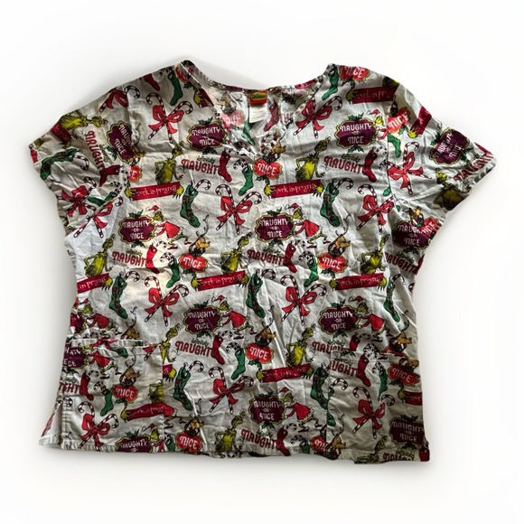 Dr Seuss Women Scrub Top Sz XXL White Christmas Definitely Naughty Pockets - Picture 1 of 12